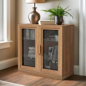 Double Glass Door Natural Wood Cabinet